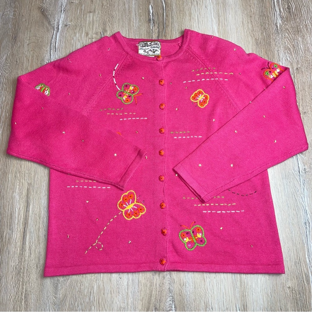 Vintage Heirloom Collectibles Cardigan Button Up Sweater Knitted Butterflies LG